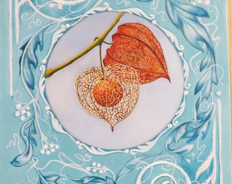 Chinese lantern egg tempera painting with gesso relief hand painted by Michelle Martin copyright