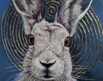 Hare / original painting Egg tempera with gold leaf background / white hare picture