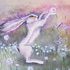 Hase spielt mit Pusteblumen, handgemaltes Original Gemälde Aquarell