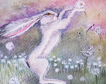 Hare painting, playing with dandelions, hand-painted original painting watercolour
