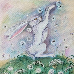 Hare painting, playing with dandelions, hand-painted original painting watercolour