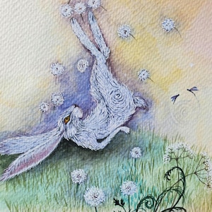 Hare painting, playing with dandelions, hand-painted original painting watercolour
