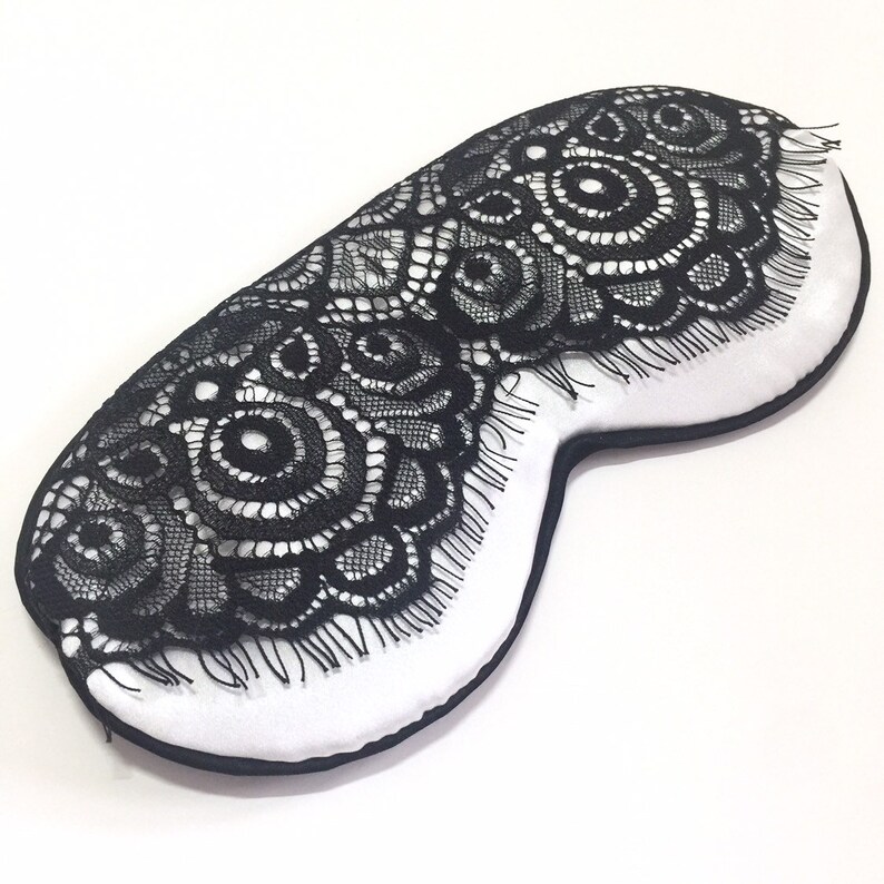 Black lace on White silk eye mask with ear loops Etsy