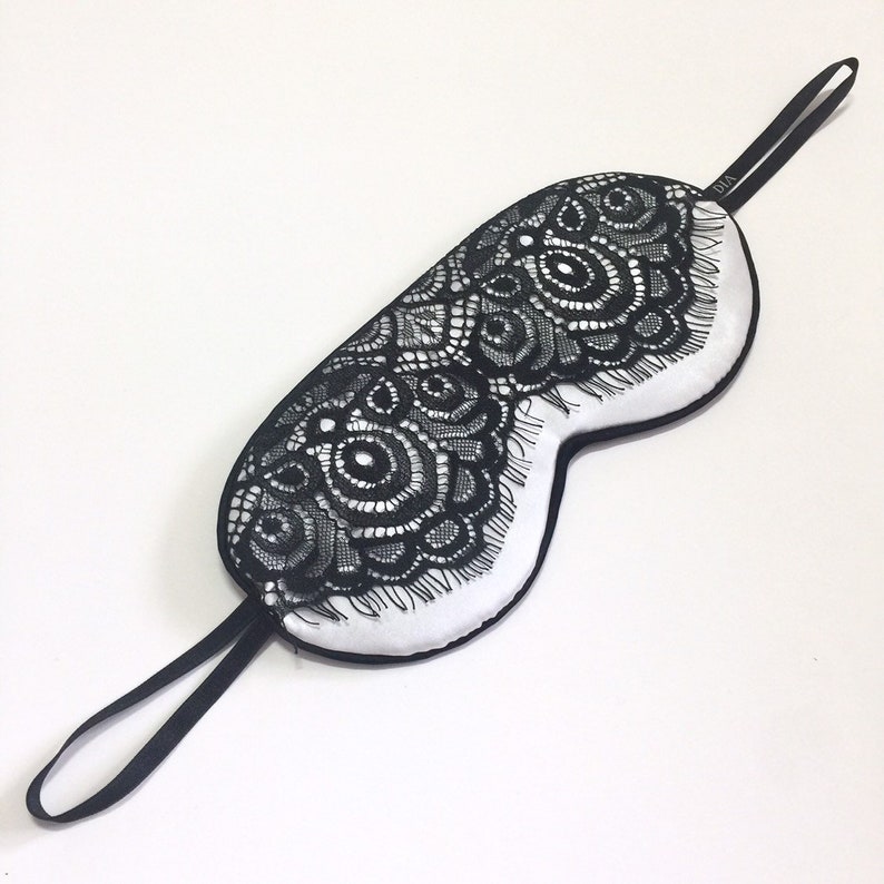 Black lace on White silk eye mask with ear loops Etsy