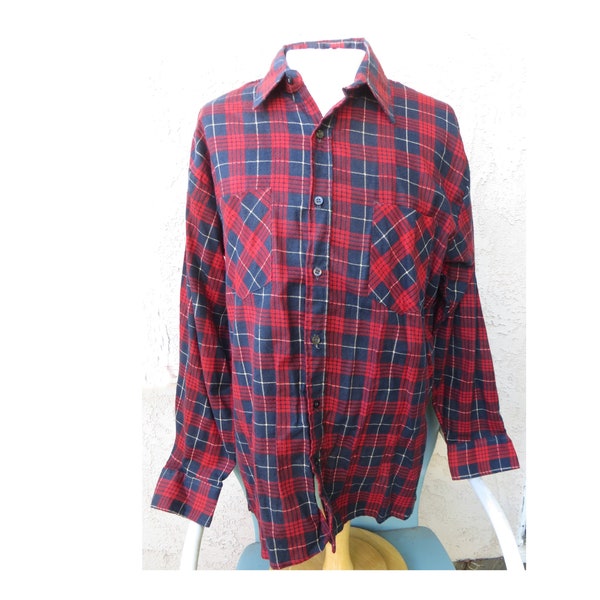 Vintage 1980's red plaid cotton brushed flannel button up l/s shirt unisex men's Americana workwear grunge