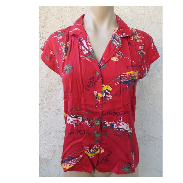 Vintage 1980's Hawaiian red rayon short sleeve shirt blouse top sz 7 beach surfer resort retro VLV