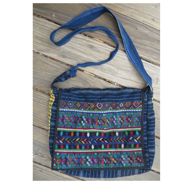 Vintage Guatemala Mexico Latin America hand embroidery woven blue cotton shoulder bag purse tote hippie boho festival