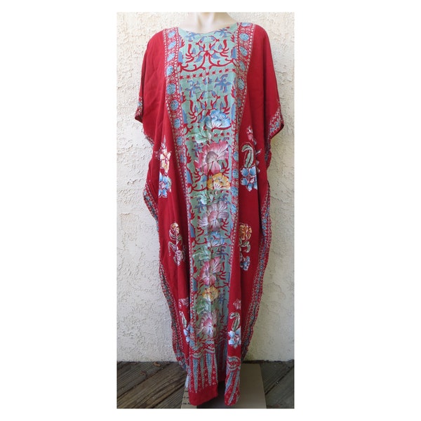 Vintage 1980's Indonesian red rayon floral batik maxi dress mumu boho hippie ethnic