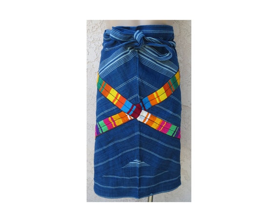 Vintage Guatemalan Maya indigo blue striped cotto… - image 1