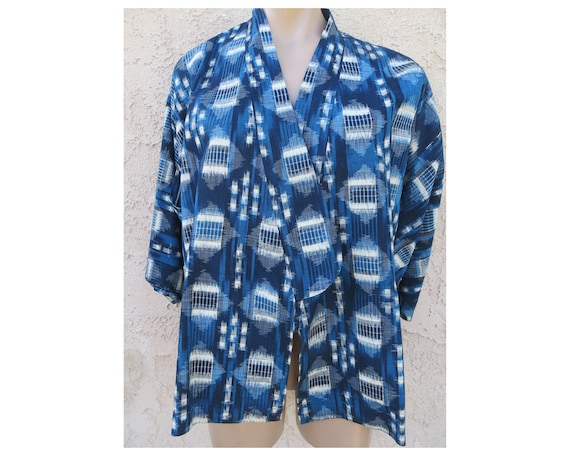 Vintage Japanese blue plaid kasuri ikat silk haor… - image 1