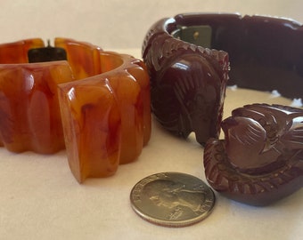 Antique Art Deco lot of 2 tested Bakelite plastic orange/red carved clamper bracelets repair DIY