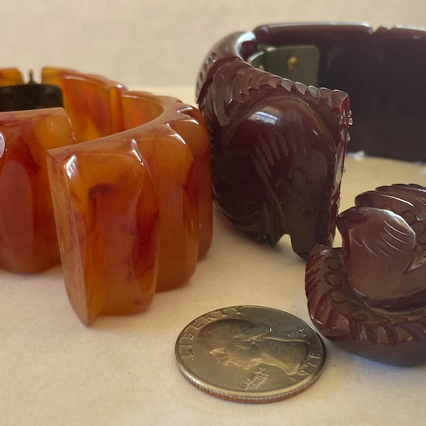 Antique Art Deco lot of 2 tested Bakelite plastic orange/red carved clamper bracelets repair DIY