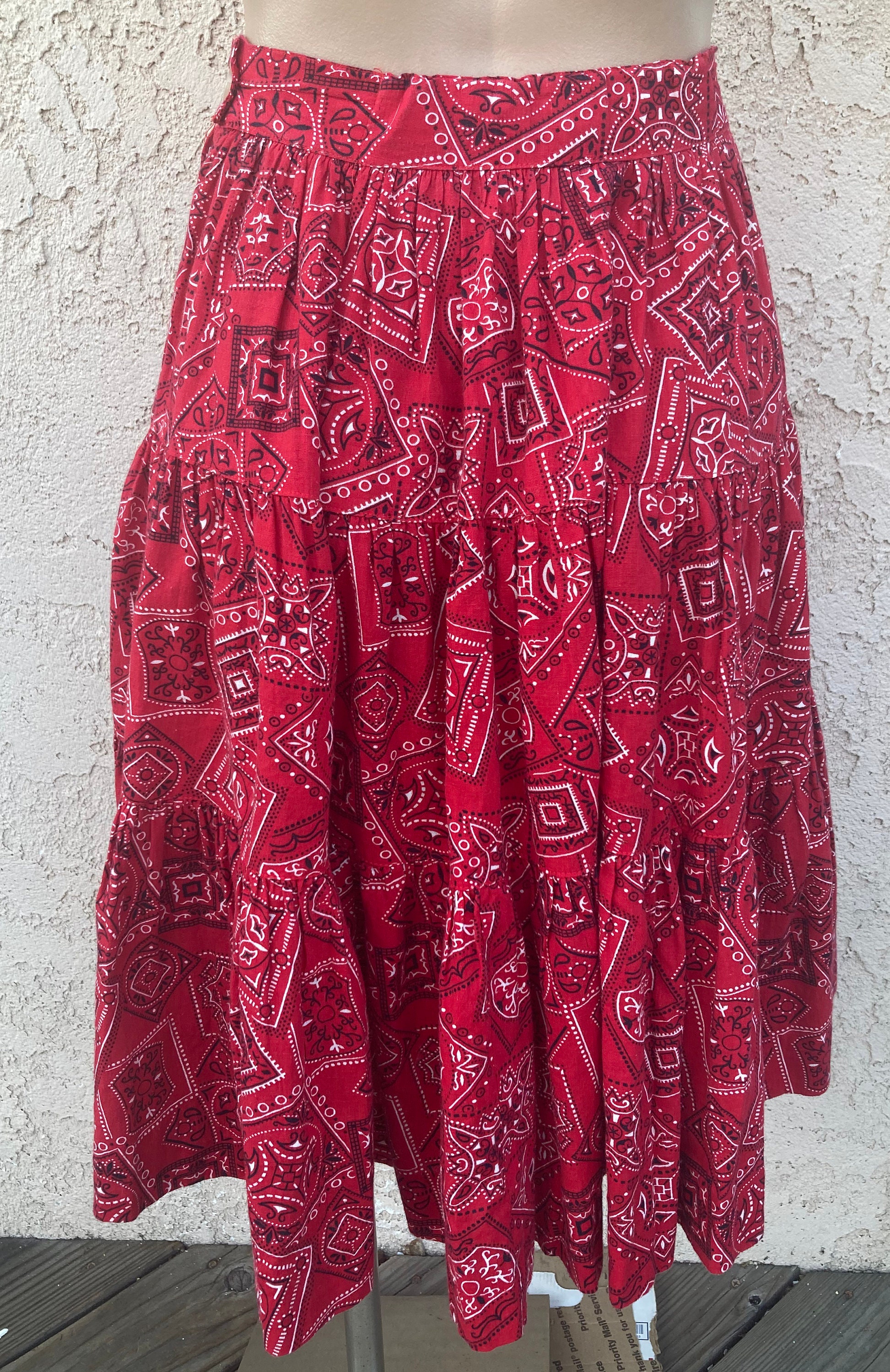 Vintage 1960's Western Red Bandana Print Cotton Full Skirt Square Dance ...