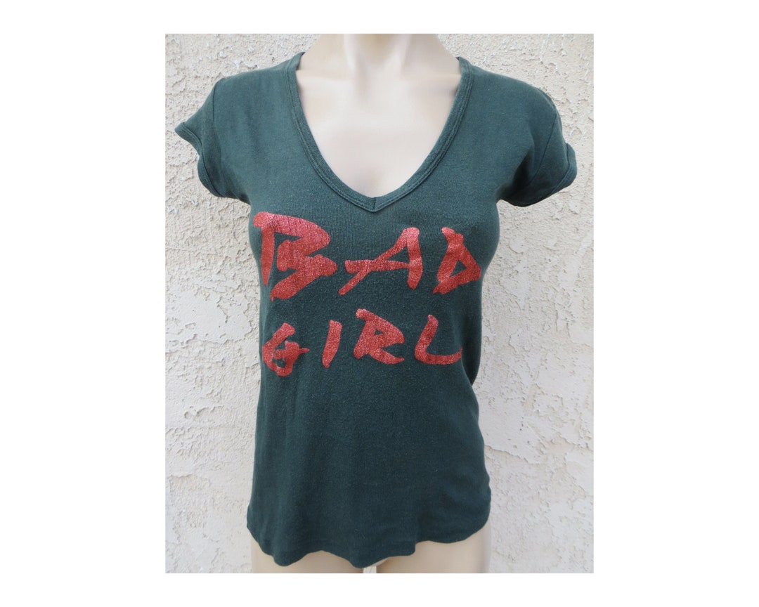 Vintage Auth 1980s Bad Girl Graphic Black Cotton Knit S/s T Shirt Sz S ...