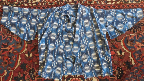 Vintage Japanese blue plaid kasuri ikat silk haor… - image 5