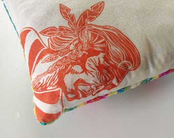 Big Chief Native American Cushion Hand Printed Pillow from Lino Cut