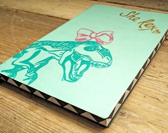 She Rex Dinosaur T-Rex Raptor Dotted Journal Hipster Girl's Notebook Turquoise Jurassic Park Journal Handprinted Lino Cut Printmaking