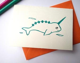 Magical Narwhal Happy Birthday Handmade Print Blank A6 Card Free UK Postage