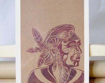 Linocut Chief Native American Original Print