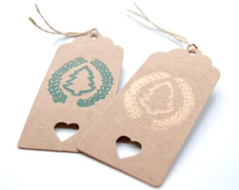 Set of 10 Hand Printed Christmas Tree Gift Tags