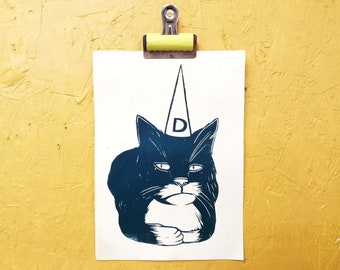 Cat in a Dunce Cap Grumpy Cat in Hat Lino Original Print Linocut