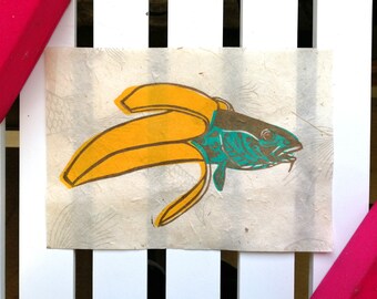 Banana Fish Underwater Chinese Art Hand Printed Print Linocut