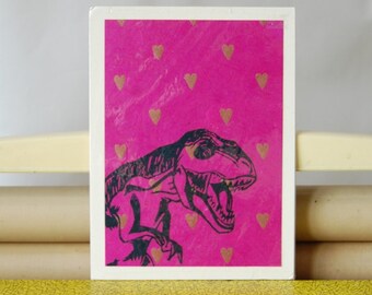 Linocut Dinosaur T Rex Jurassic Park Valentines Dino Pop Art Original Print - Free UK Postage