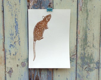 Little Pet Rat Handmade Art Print Linocut