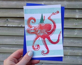 Party Octopus Underwater Blank Birthday Card Nautical Greetings Card - Free UK Postage!