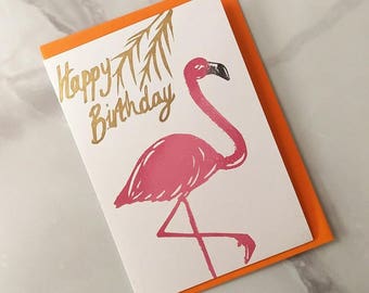 Happy Birthday Flamingo Tropical A6 Handmade Blank Card Exotic Jungle Rainforest Free Postage to UK