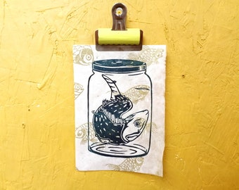 Fish in Jar Pond Dipping Underwater River Lino Original Print Linocut