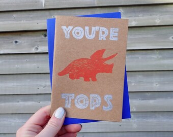 You're Tops! Celebration Triceratops Dinosaur Birthday Card - Free Postage