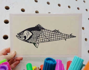 Ice Cream Fish Cone Hand Printed Seaside Print - Surreal Food Sealife Linocut Nursery Christmas Print