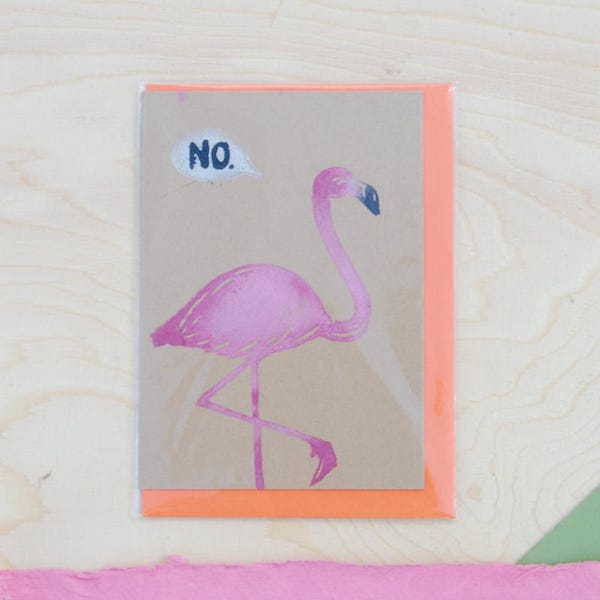 FlamingNO Tropical A6 Carte Blanche faite à la main Flamingo Joyeux Anniversaire Lino Cut Exotic Jungle Rainforest Free Postage au Royaume-Uni