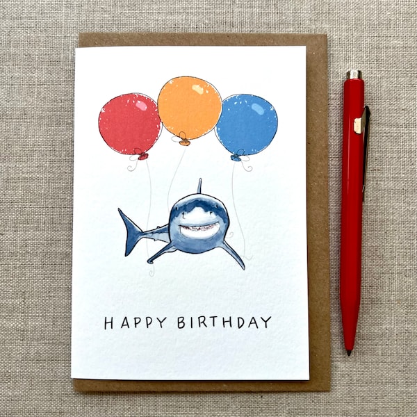 Shark Birthday Greetings Card for animal lover three balloons, Shark card