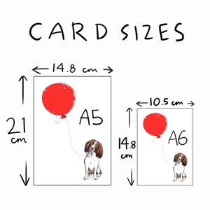 May include: A diagram showing the sizes of A5 and A6 paper. The A5 paper is 21 cm by 14.8 cm and the A6 paper is 14.8 cm by 10.5 cm. Each paper size is illustrated with a red balloon and a dog.