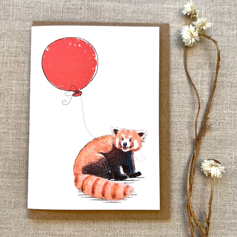 May include: A red panda with a red balloon tied to its tail. The red panda is sitting on a white background.