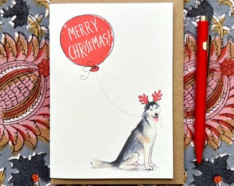 Husky Christmas card for dog lover - reindogs design