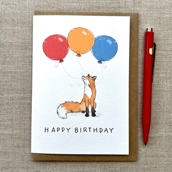 Fox Birthday Greetings Card for animal lover three balloons, Fox card