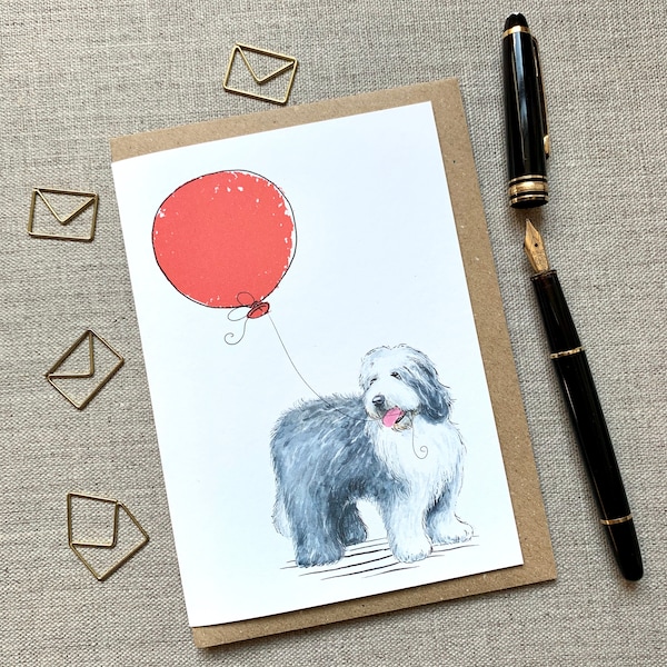 Old English Sheepdog birthday greetings card for dog lover, Old English Sheepdog Card