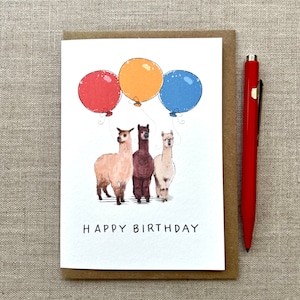 Personalisierte Alpaka Geburtstagsgrüße Karte für Tierliebhaber drei Ballons, Alpaka Karte
