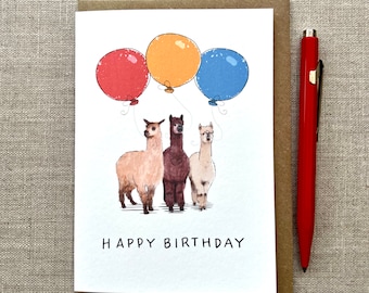 Personalised Alpaca Birthday Greetings Card for animal lover three balloons, Alpaca card