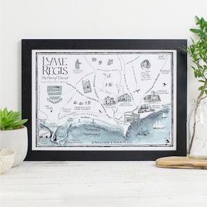 May include: A black and white illustrated map of Lyme Regis, Dorset, England. The map shows the location of landmarks, streets, and points of interest. The map is framed in a black frame.