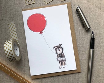 Dog Birthday Card, Balloon Illustration, Kraft Envelope
