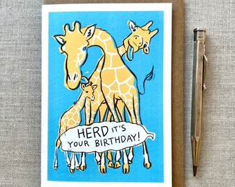 Carte d'anniversaire drôle de girafe pour les amoureux des animaux - Troupeau c'est votre anniversaire, carte girafe