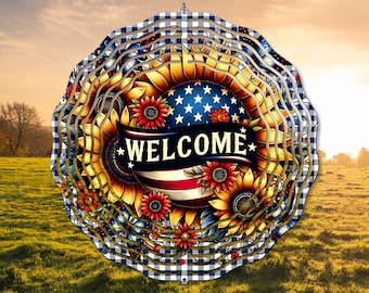 Welcome Wind Spinner Designs, Wind Spinner PNG, Patriotic Flag Summer Sunflower Wind Spinner Sublimation Design