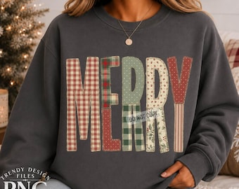 Merry Christmas PNG, Flannel Patchwork Letters, Christmas Shirt Design, Preppy Gingham Retro Holiday Plaid Floral Dots Sublimation Design