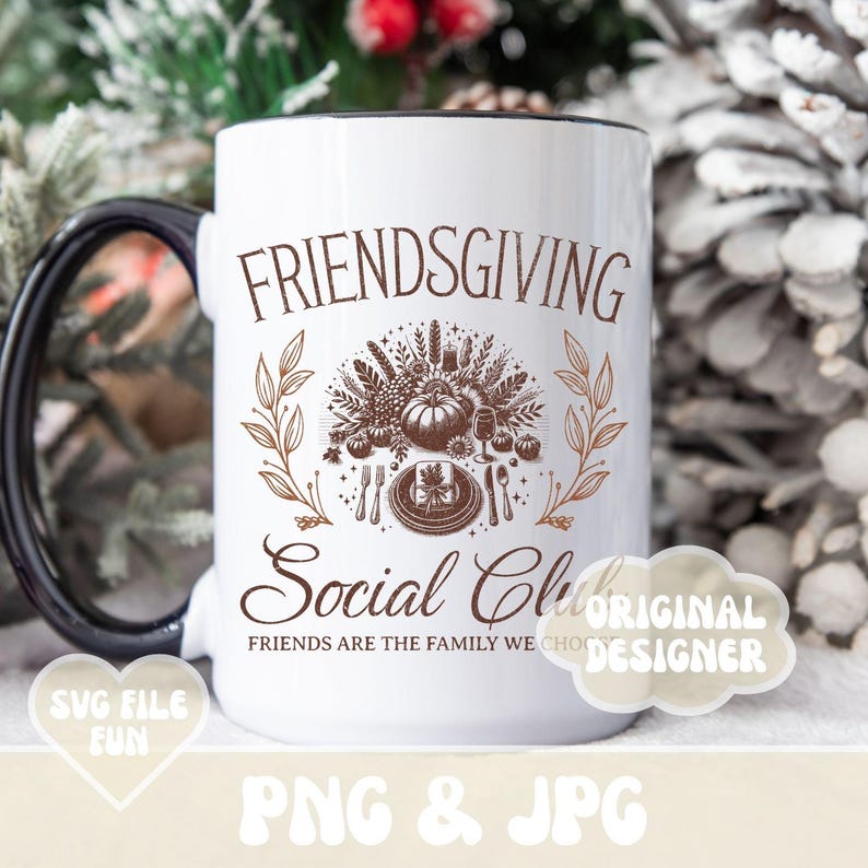 May include: White ceramic Friendsgiving mug with a black handle and rim. The mug features a brown graphic with a pumpkin, leaves, and the text "FRIENDSGIVING Social Club". The text "FRIENDS ARE THE FAMILY WE CHOOSE" is also included.