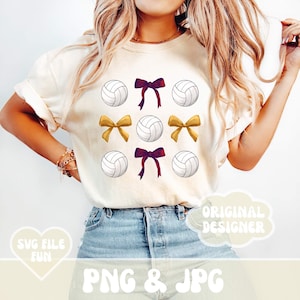 Coquette Volleyball Png, Volleyball Mom Png Custom School Colors Maroon & Gold Yellow Volleyballs and Bows School Pride Trendy Shirt Design