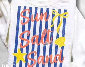 Sun Salt Sand PNG Trendy Striped Retro Mediterranean Womens Travel Shirt Design Beachy Summer Coquette Bow Print Sublimation Graphic